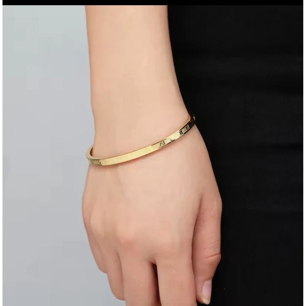 Gold Roman Numeral Bangle Bracelet Hinged Cuff 4mm Slim Minimalist Jewelry